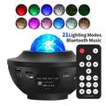 Small black bowl-shaped projection lamp showing starry sky and water ripple lighting effects on wall