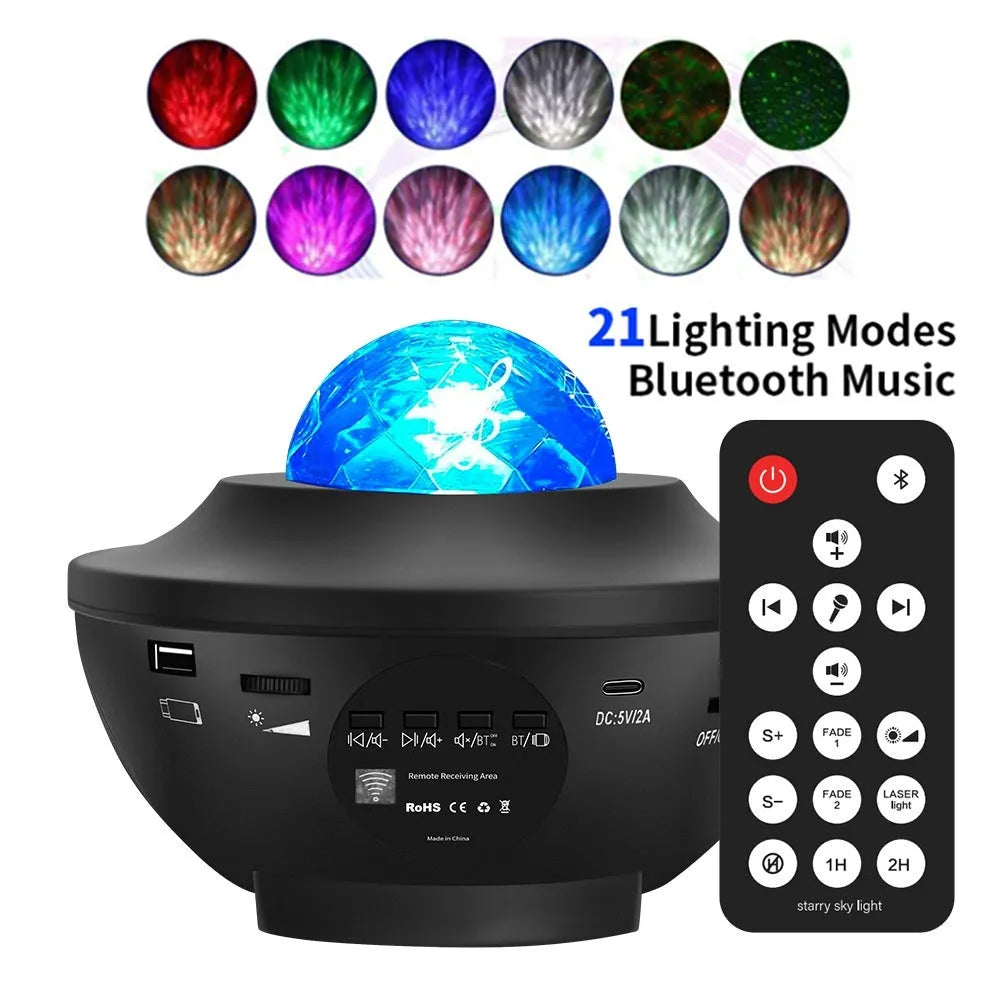 Small black bowl-shaped projection lamp showing starry sky and water ripple lighting effects on wall