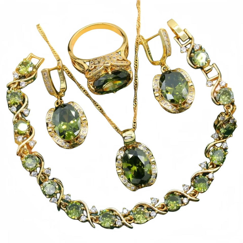 Full zircon women's jewellery suit with snake bones chain necklace, earrings, and ring in olive green or red electroplating