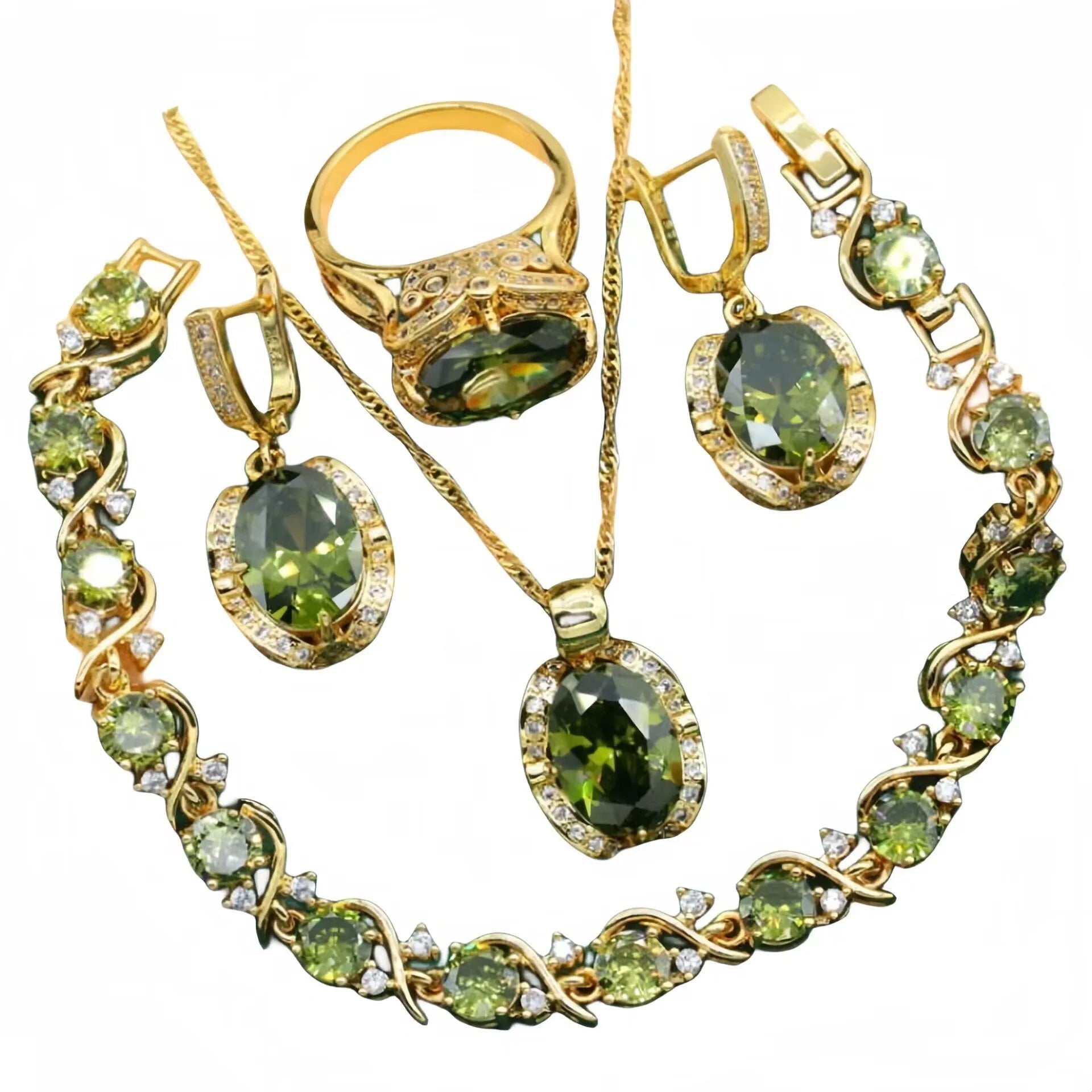 Full zircon women's jewellery suit with snake bones chain necklace, earrings, and ring in olive green or red electroplating