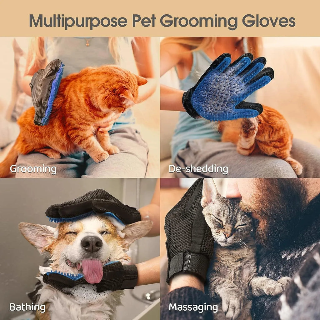 Blue pet grooming gloves with silicone tips for brushing and bathing dogs and cats.