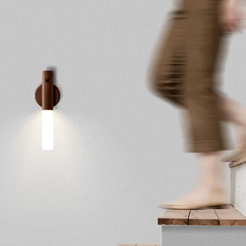 Compact smart sensor LED desk lamp made of solid wood and organic glass in coffee colour.