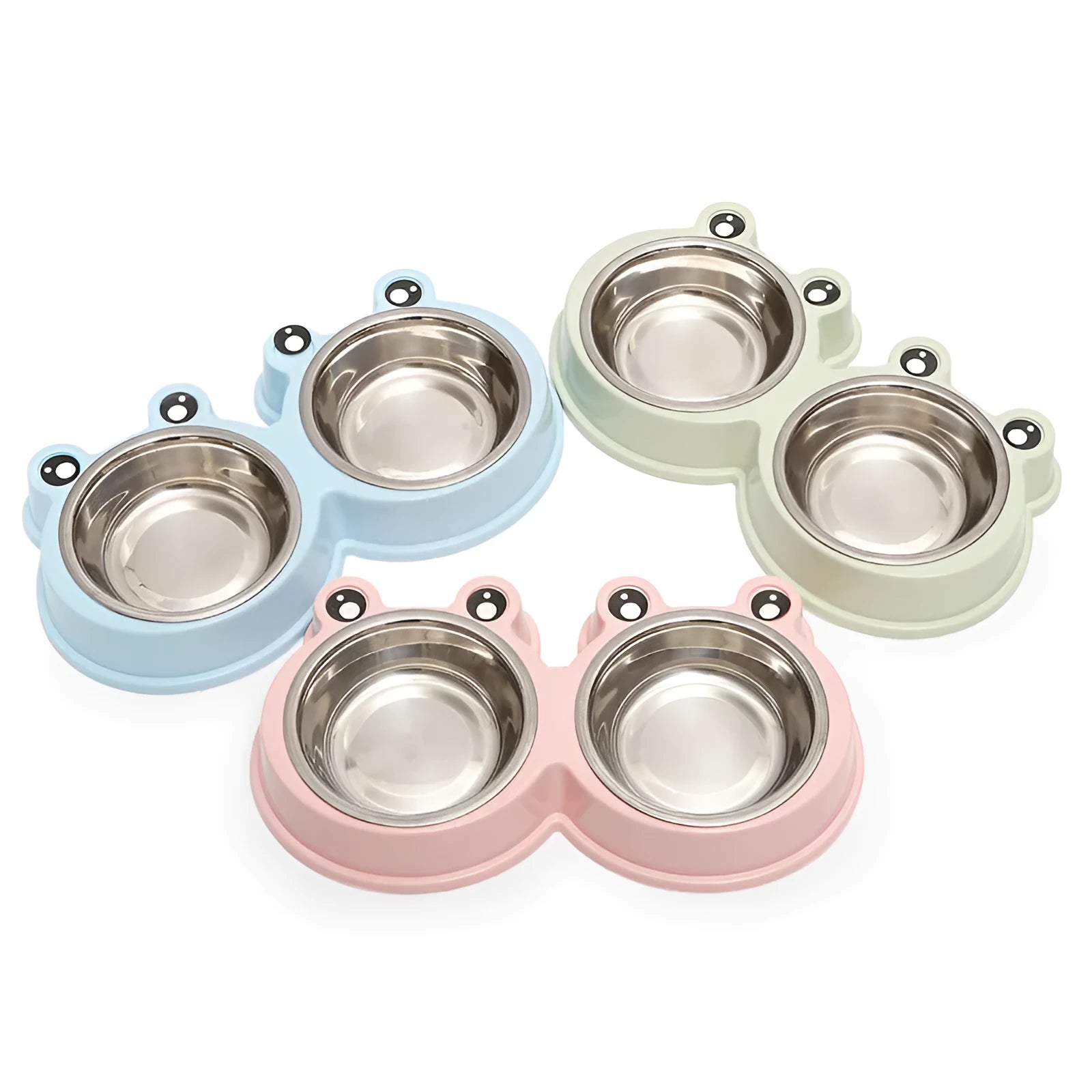 Stainless steel frog-shaped double bowl for pet food and water in blue, green, or pink.