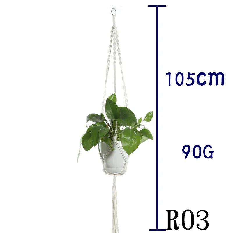 Beige cotton rope flower pot net bag handmade plant hanger hanging basket sling with adjustable bottom