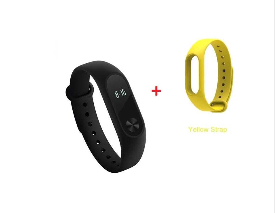 Xiaomi Mi Band 2 black smartband on wrist showing OLED display with heart rate and step count.