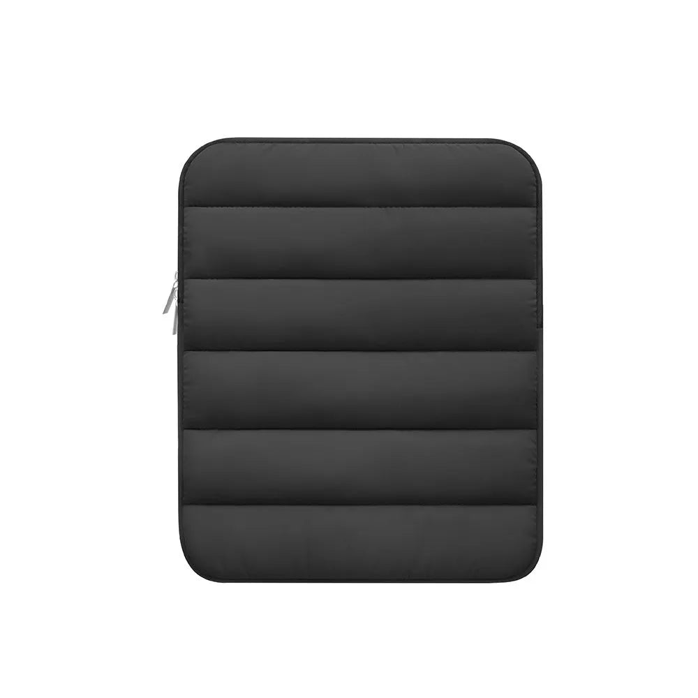 Black elastic laptop sleeve for 9.7-11 inch devices with puff cushioning and waterproof polyester