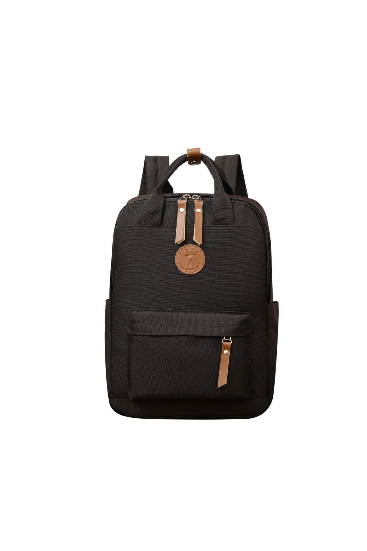 Black Oxford cloth fashion backpack with curved shoulder straps showing retro sewing thread details