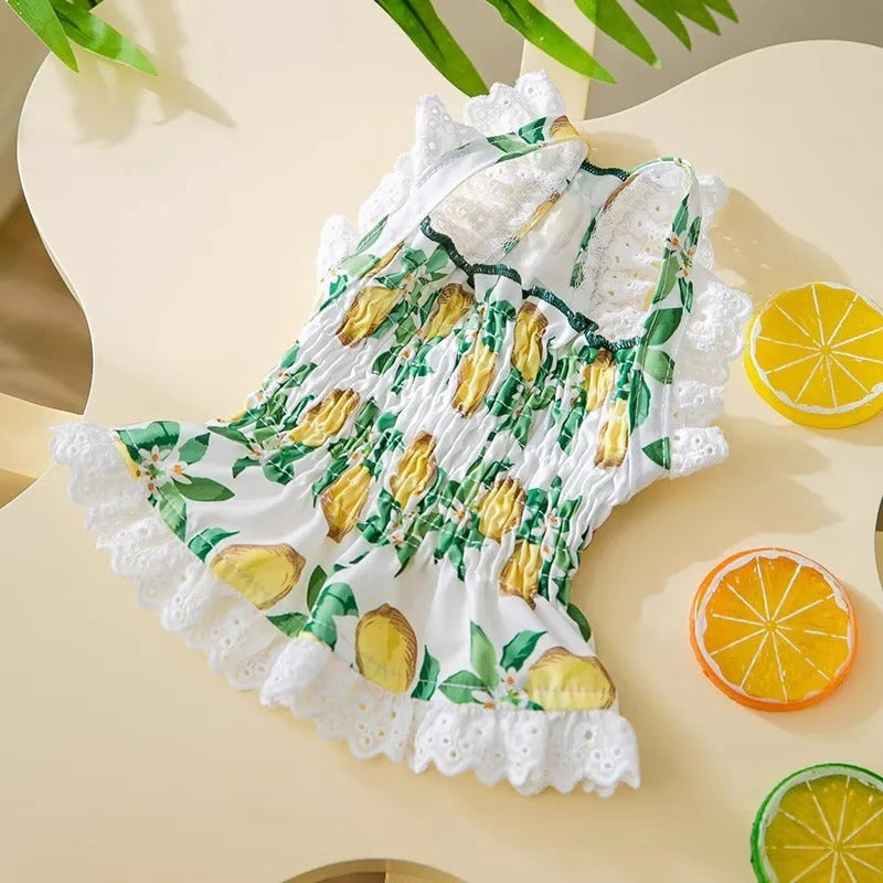 Rock yellow lemon polyester dog skirt dress on mannequin showing strap and princess design