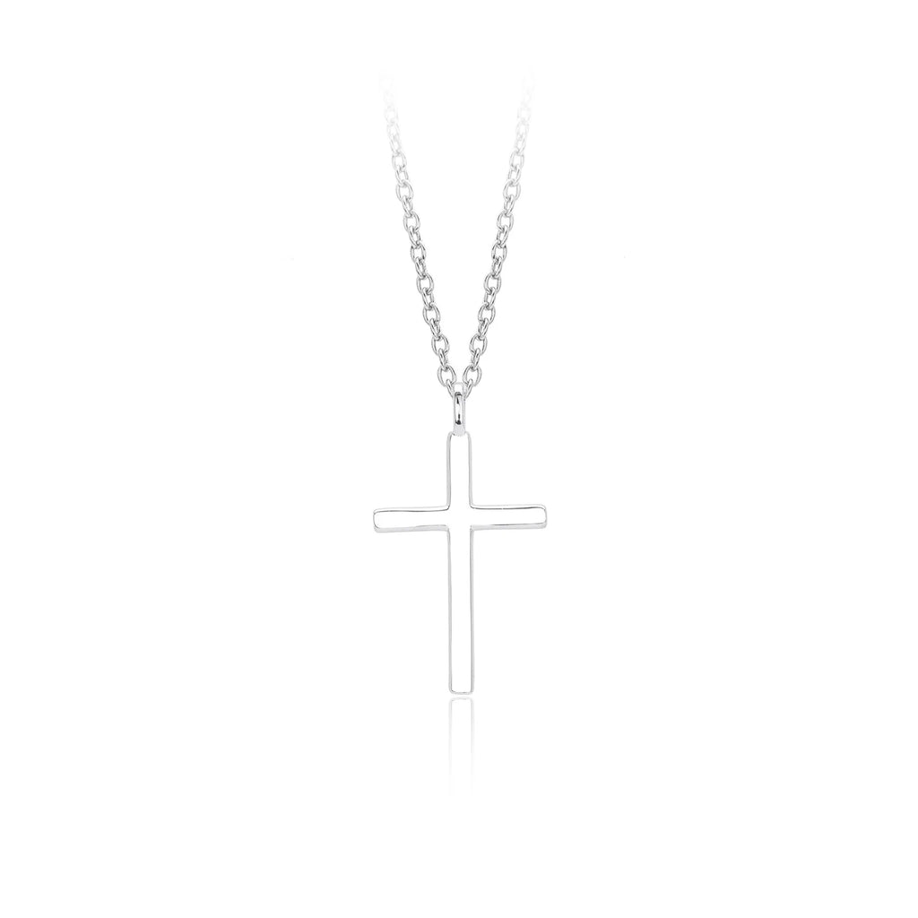 Sterling silver necklace with glossy cross pendant on O-shaped chain, adjustable length