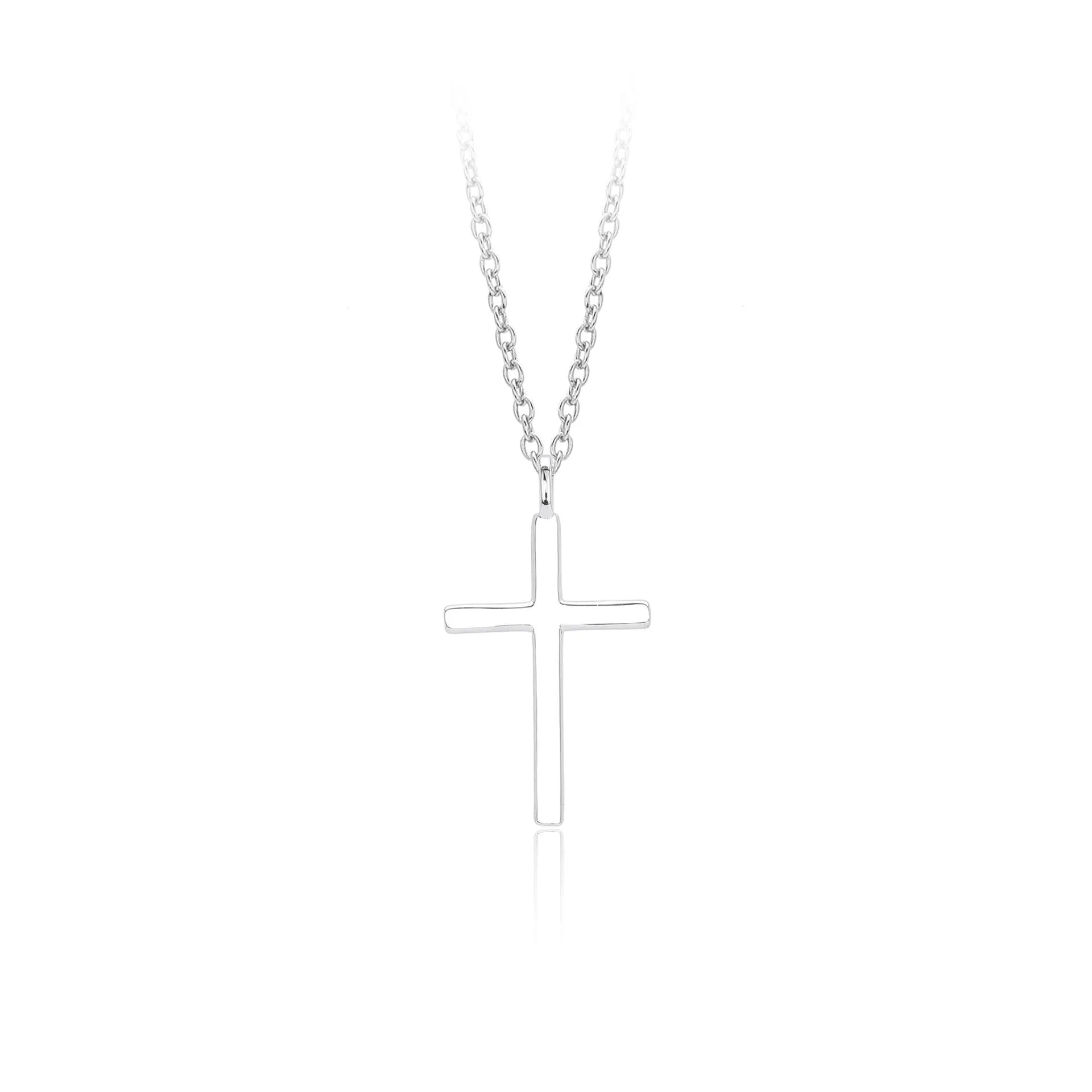 Sterling silver necklace with glossy cross pendant on O-shaped chain, adjustable length