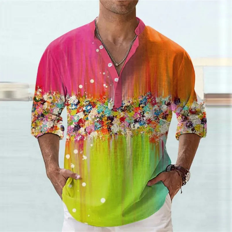 British style short sleeve shirt with 3D digital thermal transfer striped pattern on bamboo hemp fabric