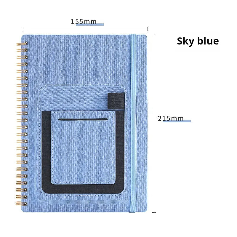 A5 spiral bound reusable notebook with stone paper, shown with pen on customisable coloured cover.