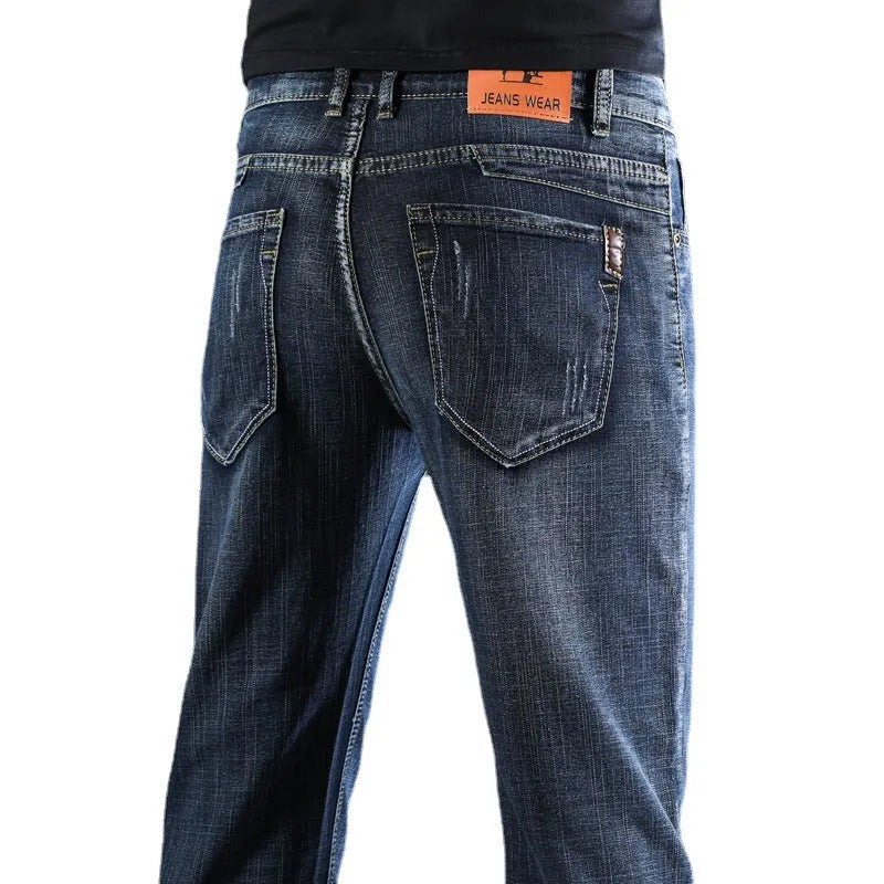 Summer thin men's cotton straight slim stretch casual trousers in 816 blue with mid waist