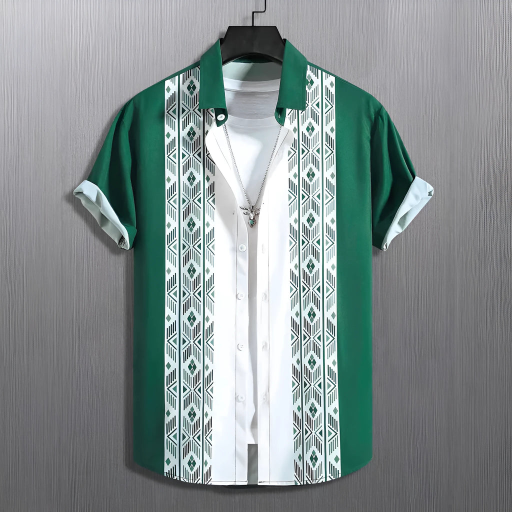 Man wearing plaid loose fit short sleeve shirt with lapel collar in cardigan style