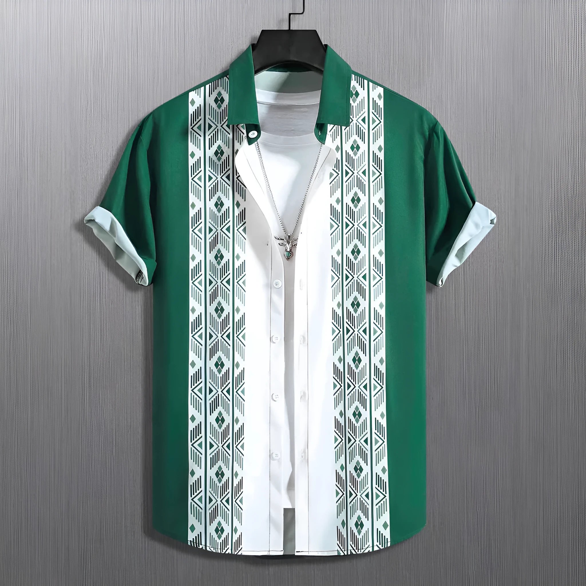 Man wearing plaid loose fit short sleeve shirt with lapel collar in cardigan style