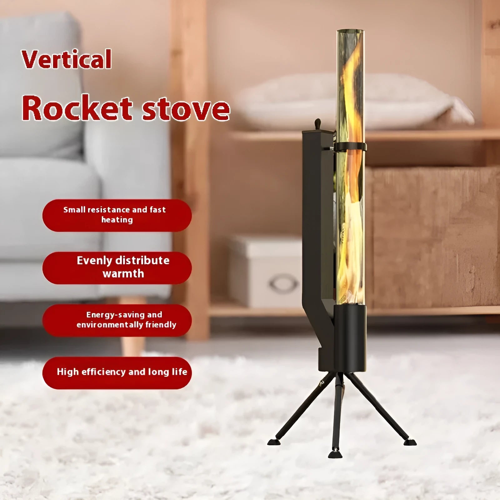 Vertical cast iron wood burning rocket furnace heating stove for courtyard or patio use.