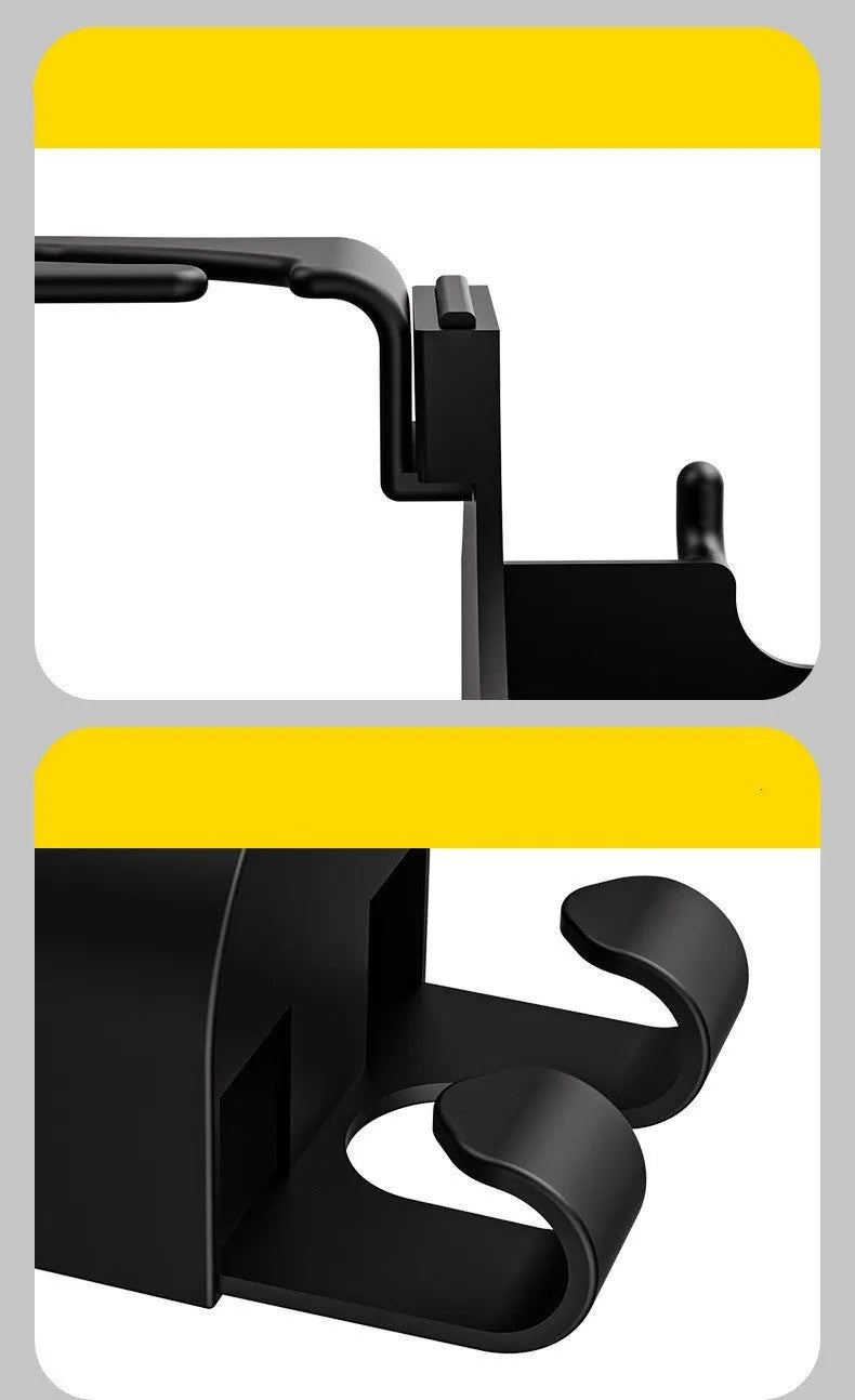 Black plastic car seat back organiser with cup holder and storage hooks for vehicle interior organisation