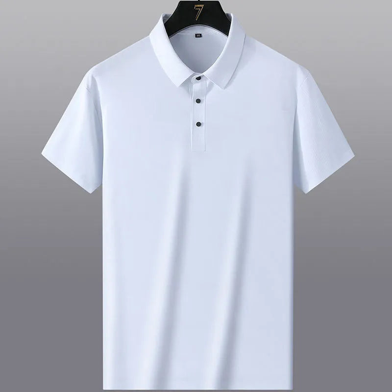 Men's solid colour non-ironing business casual short sleeve shirt on a hanger.