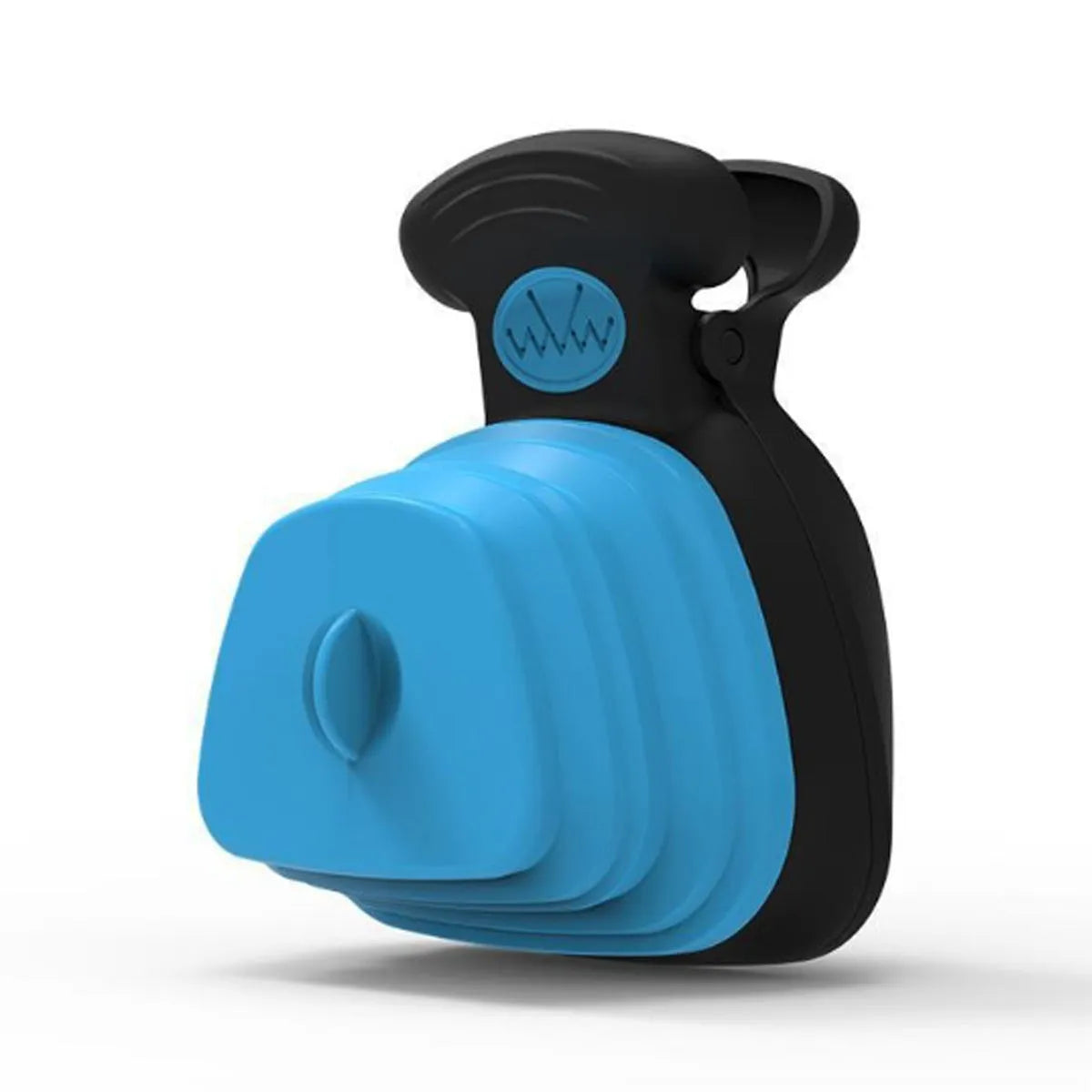 Blue portable handheld dog pooper scooper with expandable waste container and carabiner clip.