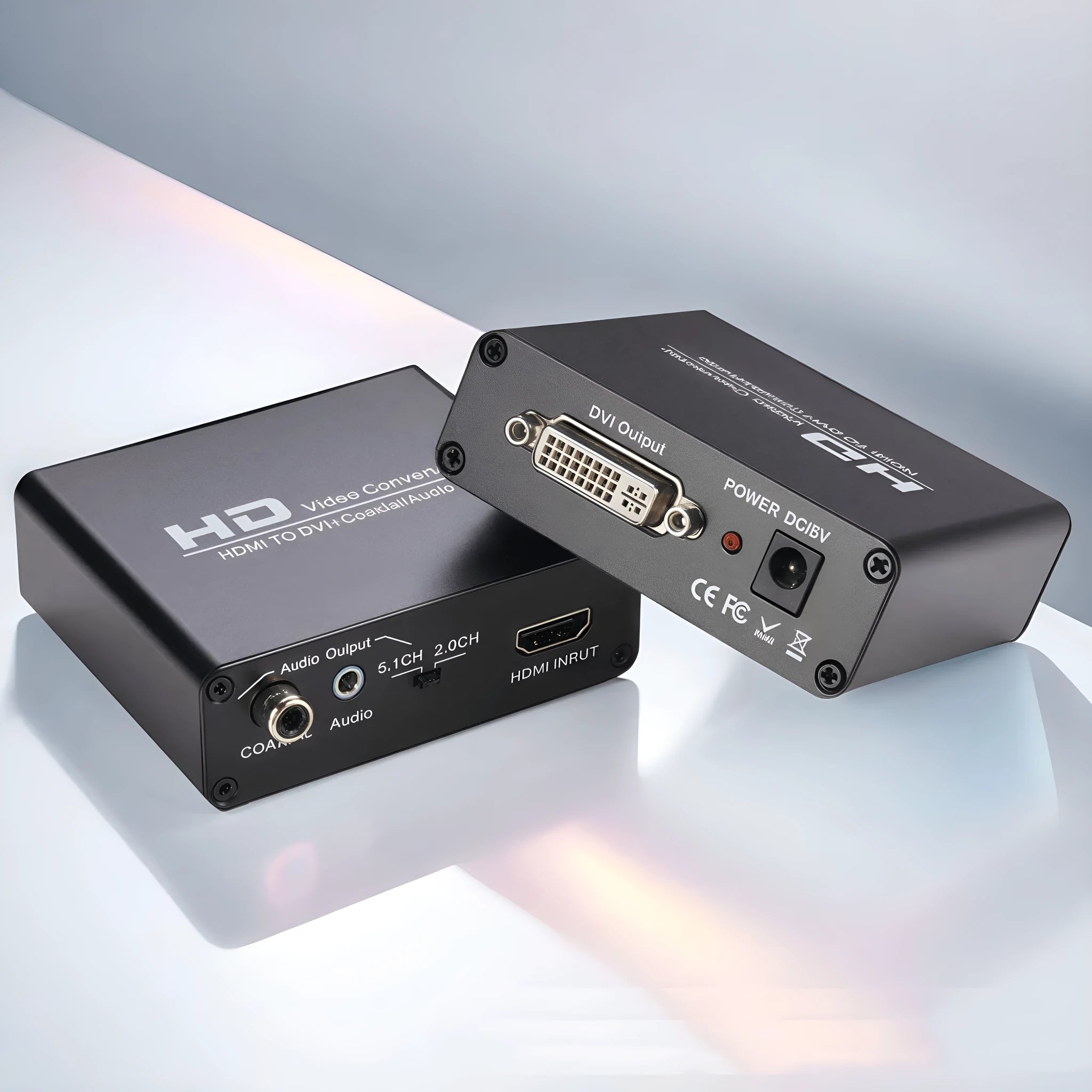 Black HDMI to DVI converter with 1.5 metre cable and coaxial audio output port