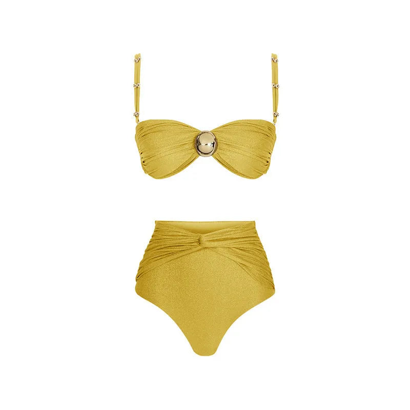 Women's high waist two-piece bikini swimsuit in yellow or green colour with split design