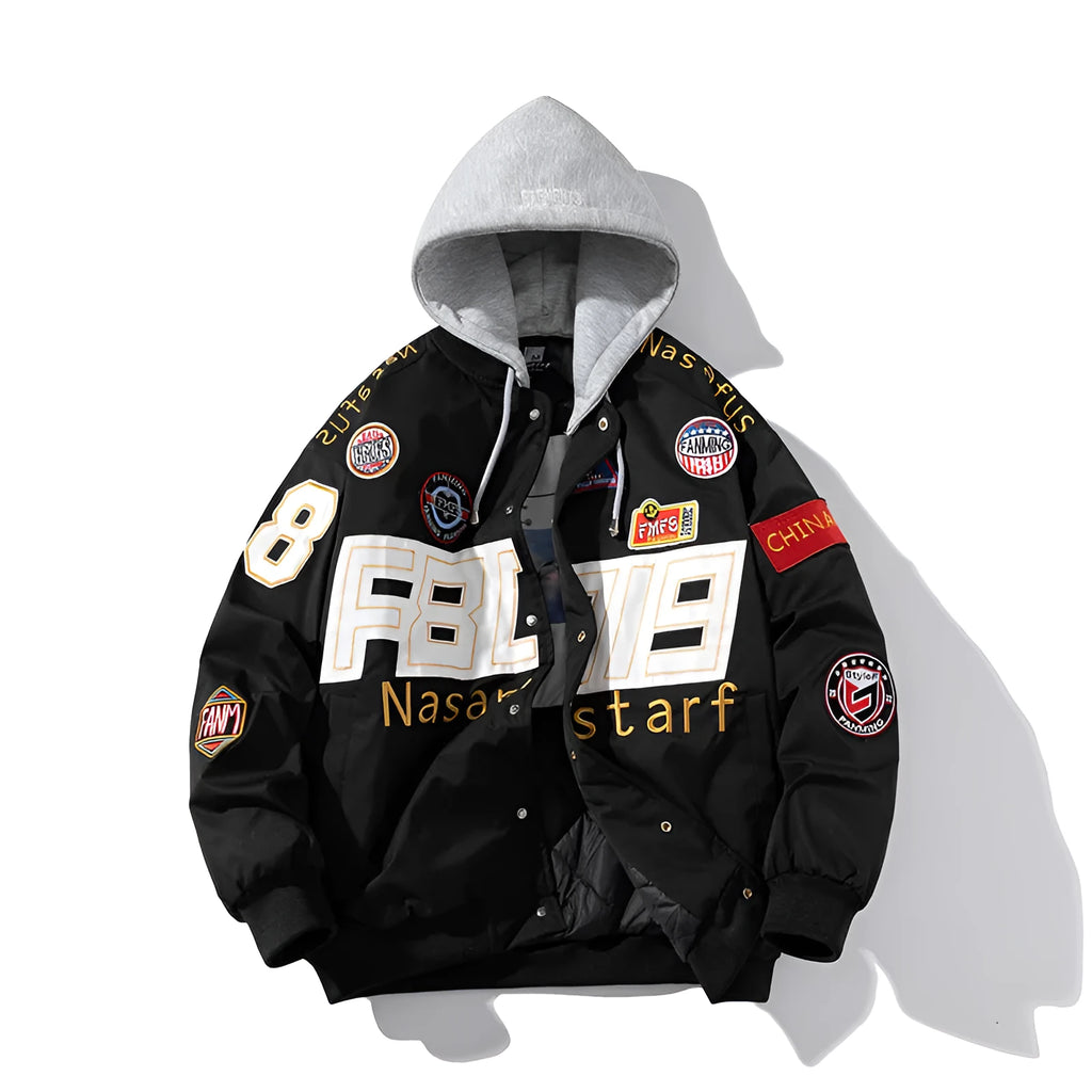 Black motorcycle baseball uniform jacket with removable hood shown in loose fit sizing