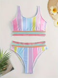 Women's striped bikini swimwear set for swimming sports with briefs style