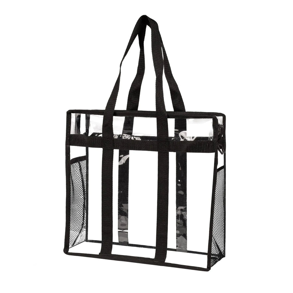 Women's transparent PVC crossbody messenger bag showing front 3D pocket and double shoulder straps.