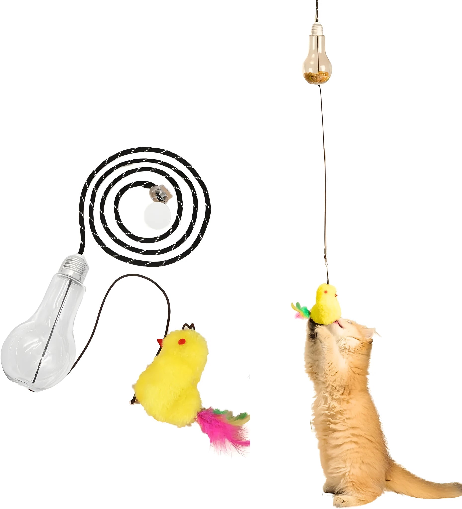 Interactive cat toy hanging from door frame with elastic rope, treat dispenser bulb, and dangling mouse accessory