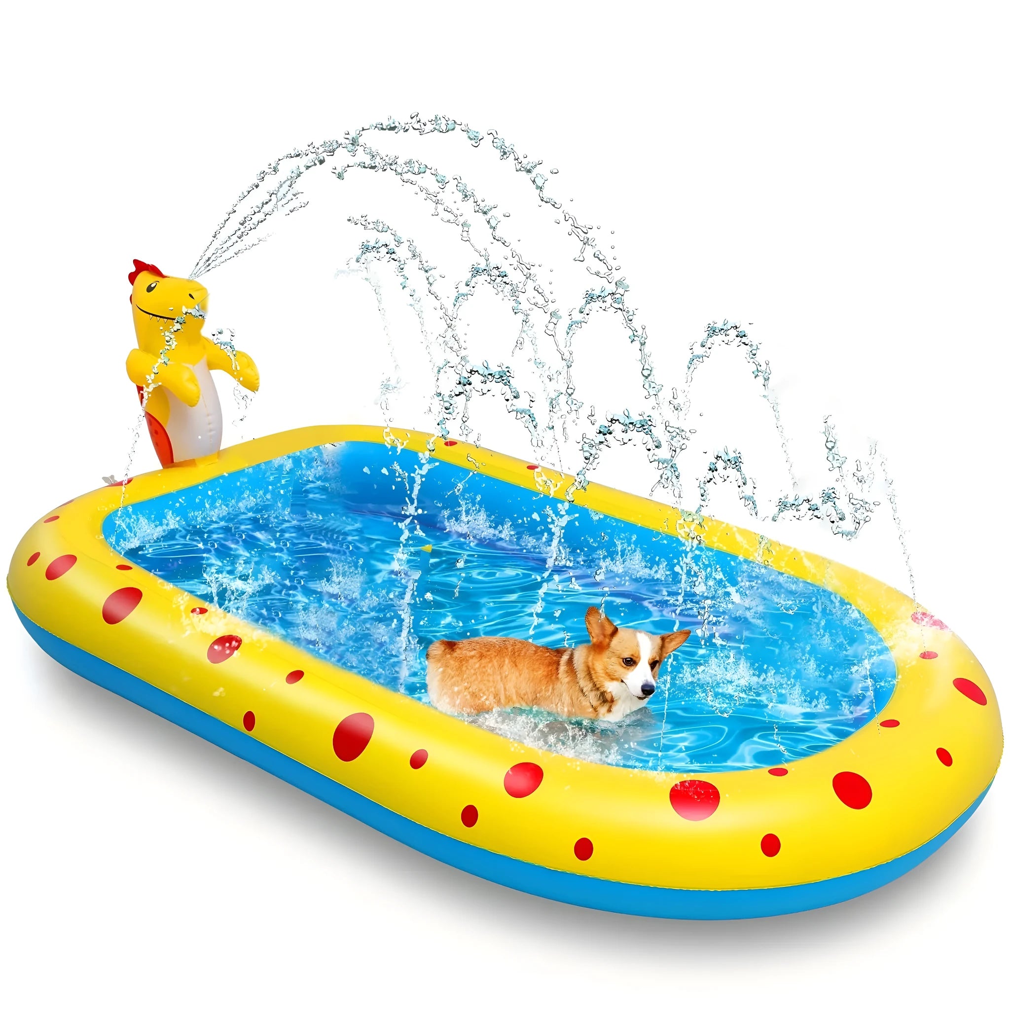 Blue dinosaur-themed inflatable water play pool with spray features for children's outdoor use