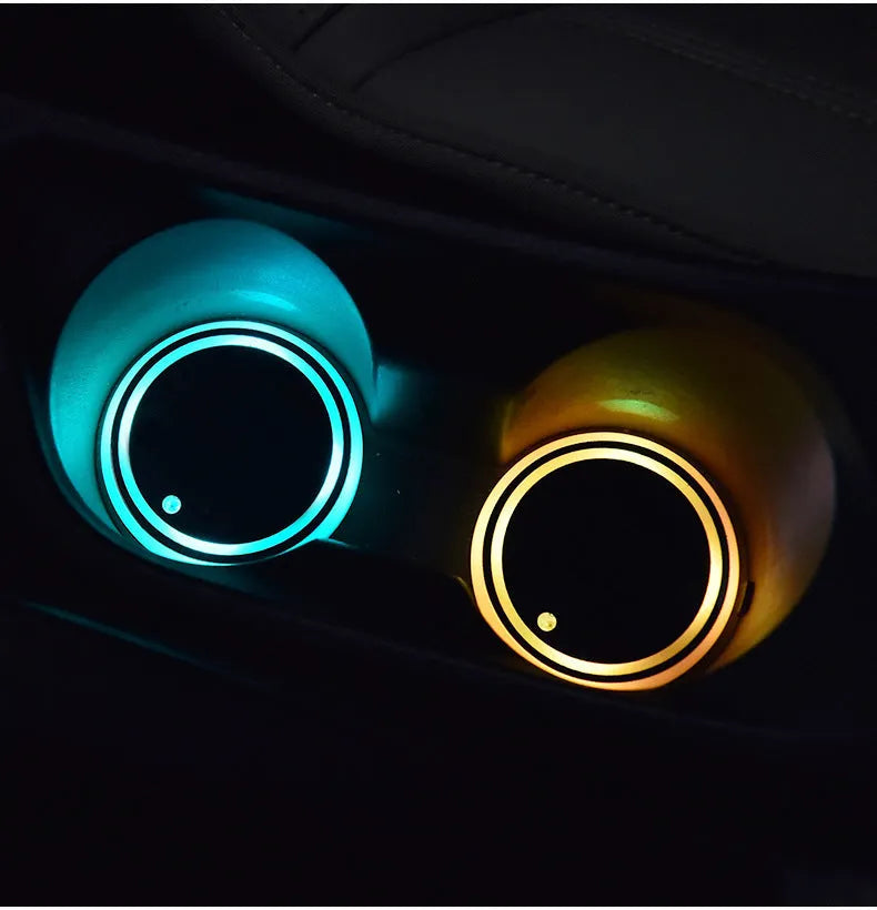 Colourful LED light-up acrylic coaster for car cup holders with control button and USB cable