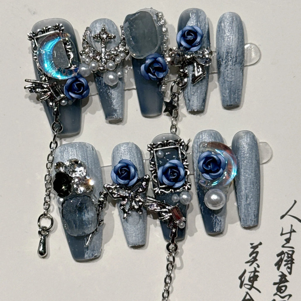 Heavy industry blue night nail stencils with ornate rose, tulip and flower patterns in plastic armour suit