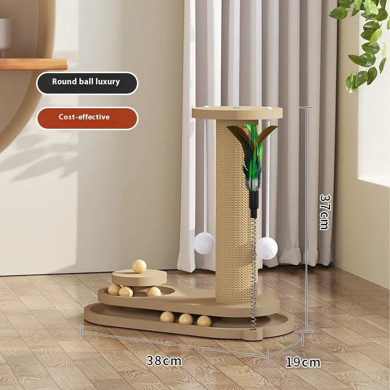Solid wood cat scratching post with turntable and climbing frame in natural wood finish