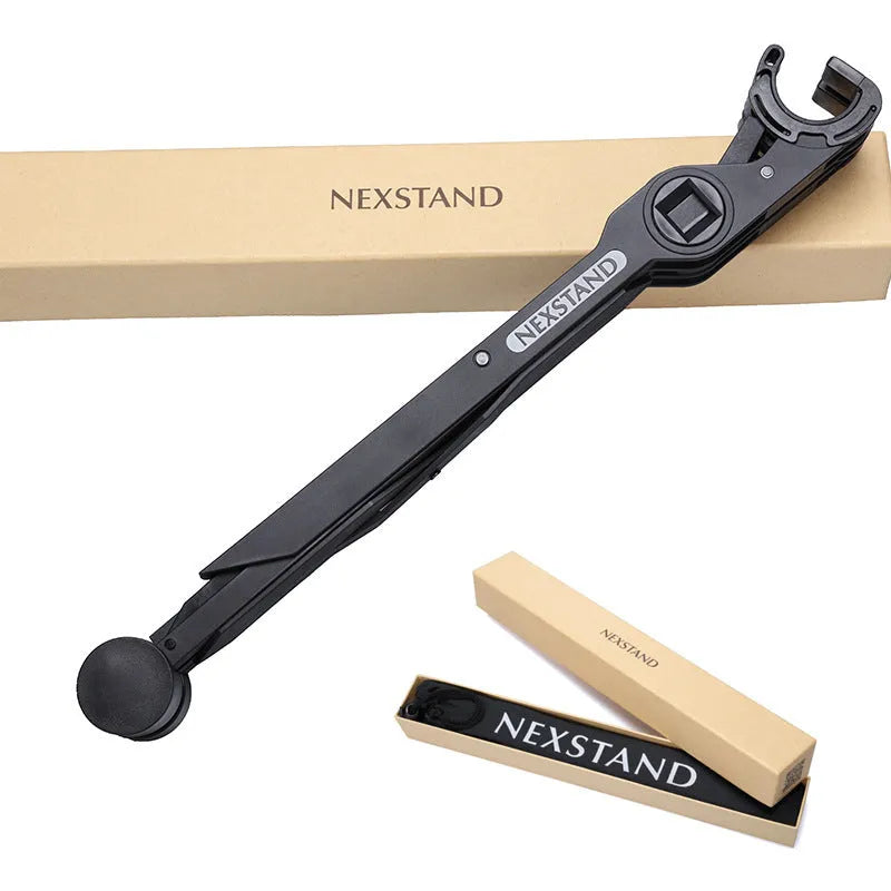 Black folding portable laptop stand showing reinforced nylon construction and compact 35.4cm design