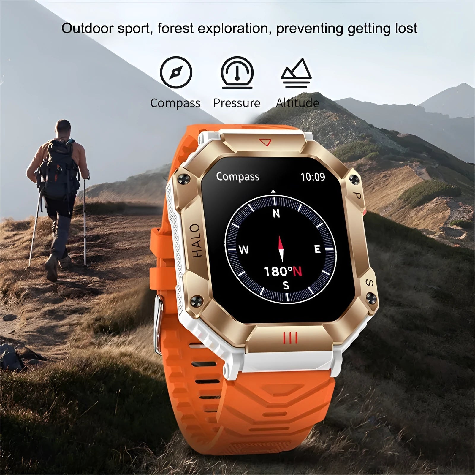 Android GPS smart watch for women with titanium case and black camouflage strap on wrist