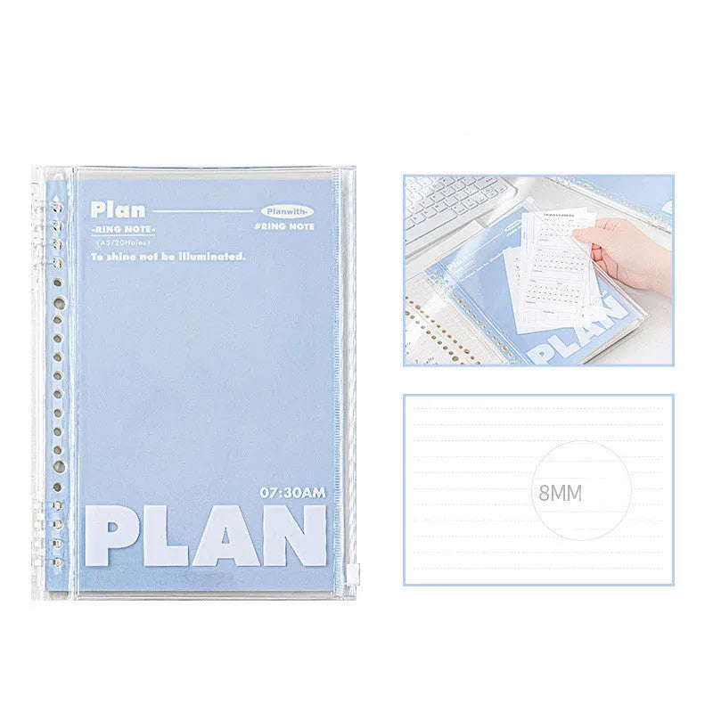 Clear PVC A5 notebook cover showing spiral binding slot and document pockets in white and blue colour options