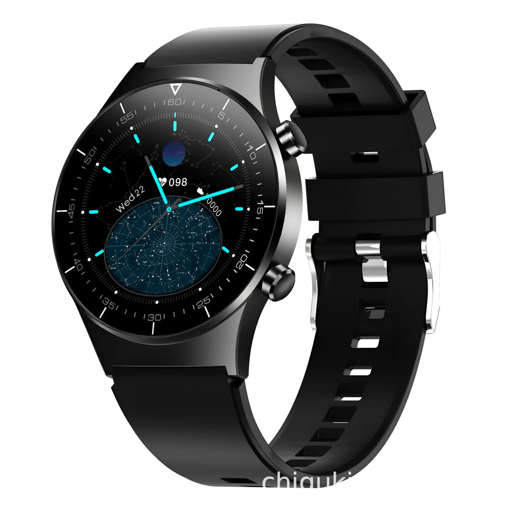 Black smart watch with TPU wristband showing 1.28-inch touch screen displaying heart rate and step count