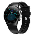 Black smart watch with TPU wristband showing 1.28-inch touch screen displaying heart rate and step count