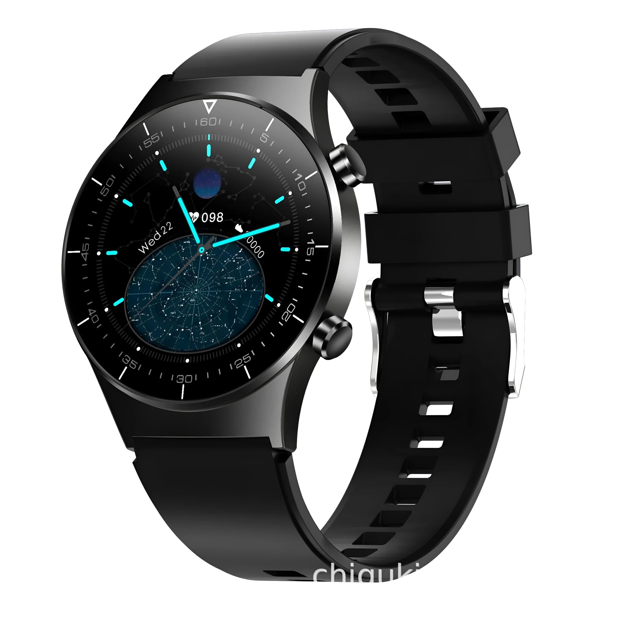 Black smart watch with TPU wristband showing 1.28-inch touch screen displaying heart rate and step count