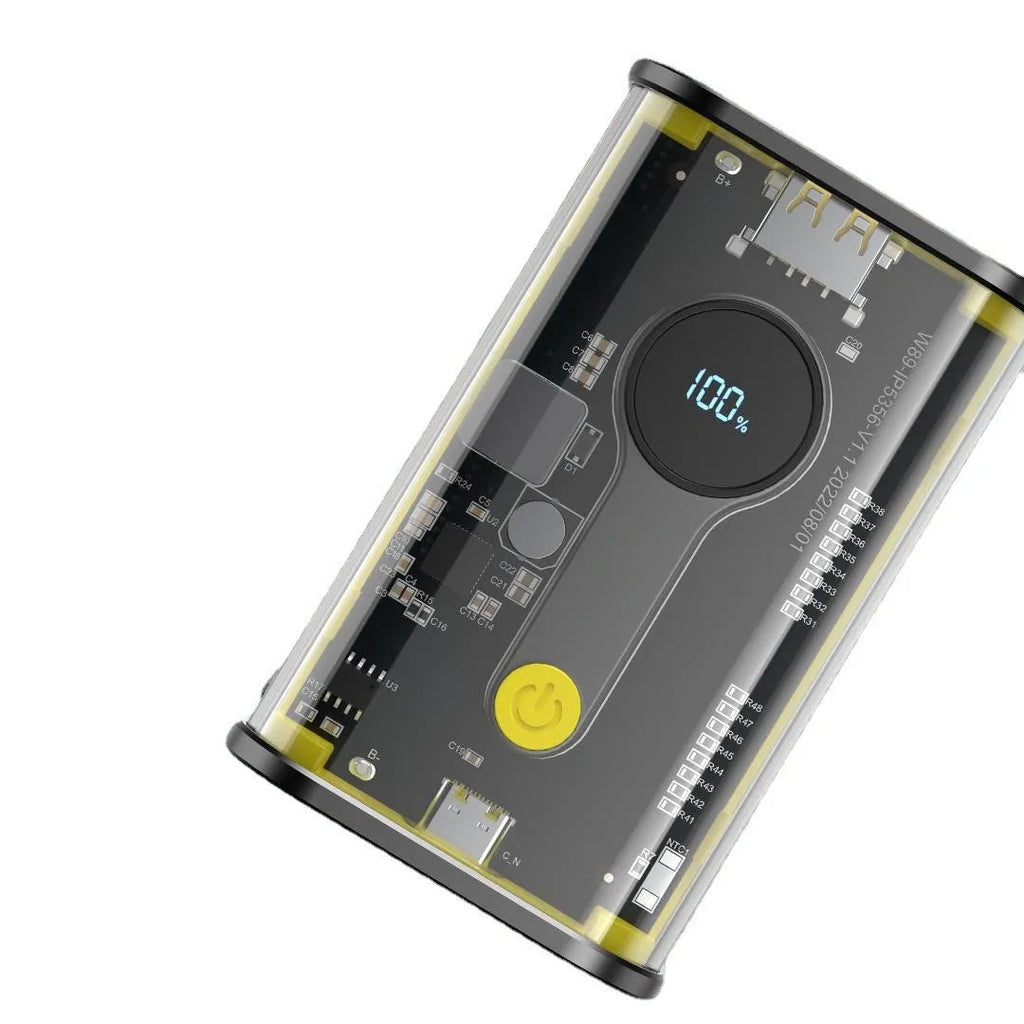 Transparent yellow industrial power bank showing internal aluminium battery case with 10000mAh capacity