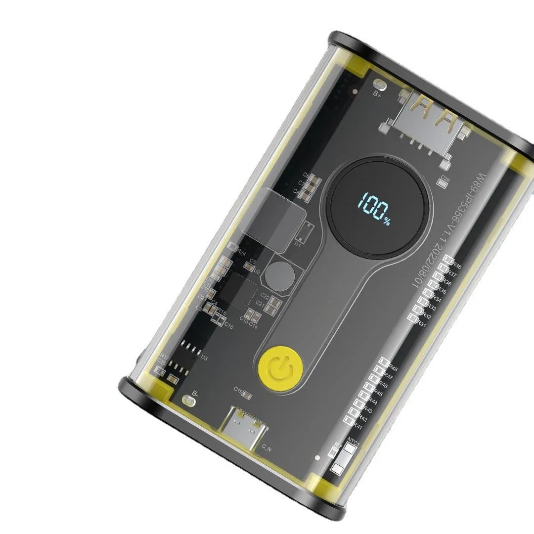 Transparent yellow industrial power bank showing internal aluminium battery case with 10000mAh capacity