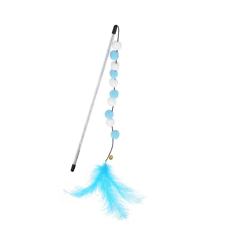 Set of four colourful cat teaser toy rods with feathers, pompons and bells.