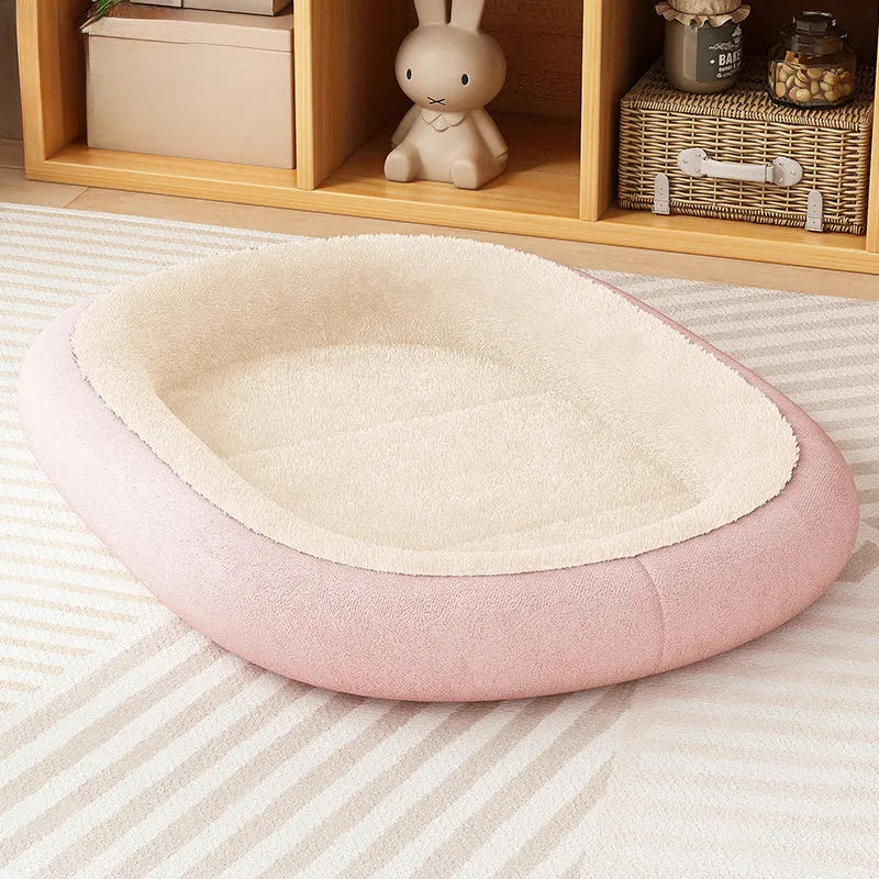 A thick padded dog kennel for small and medium dogs in a grey colour, shown with size dimensions.