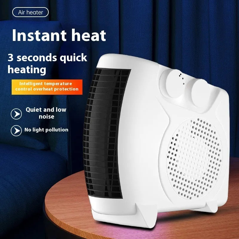 White compact electric heater on desktop with power adjustment controls