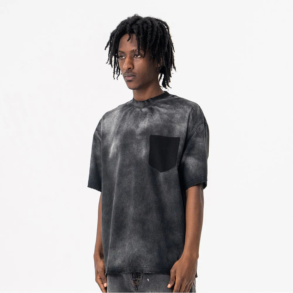 Black men's loose fit cotton t-shirt with printed letter design and drop-shoulder short sleeves