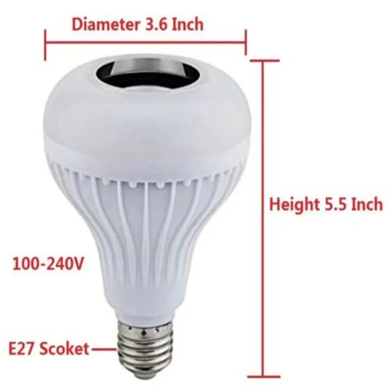 White Bluetooth speaker LED light bulb with E27 base and remote control for colour-changing mood lighting.