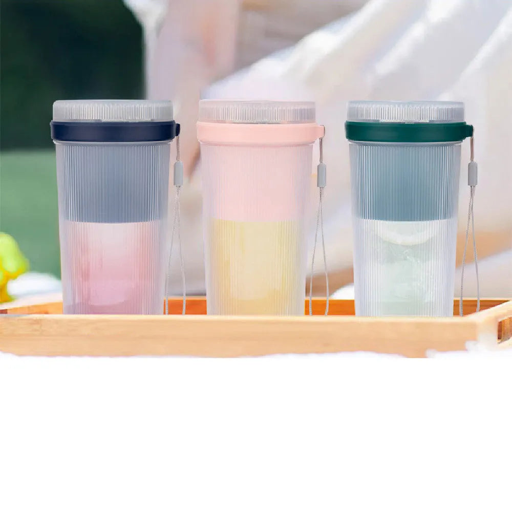 Portable USB rechargeable blender juicer cup in blue with 300ml capacity and stainless steel blades