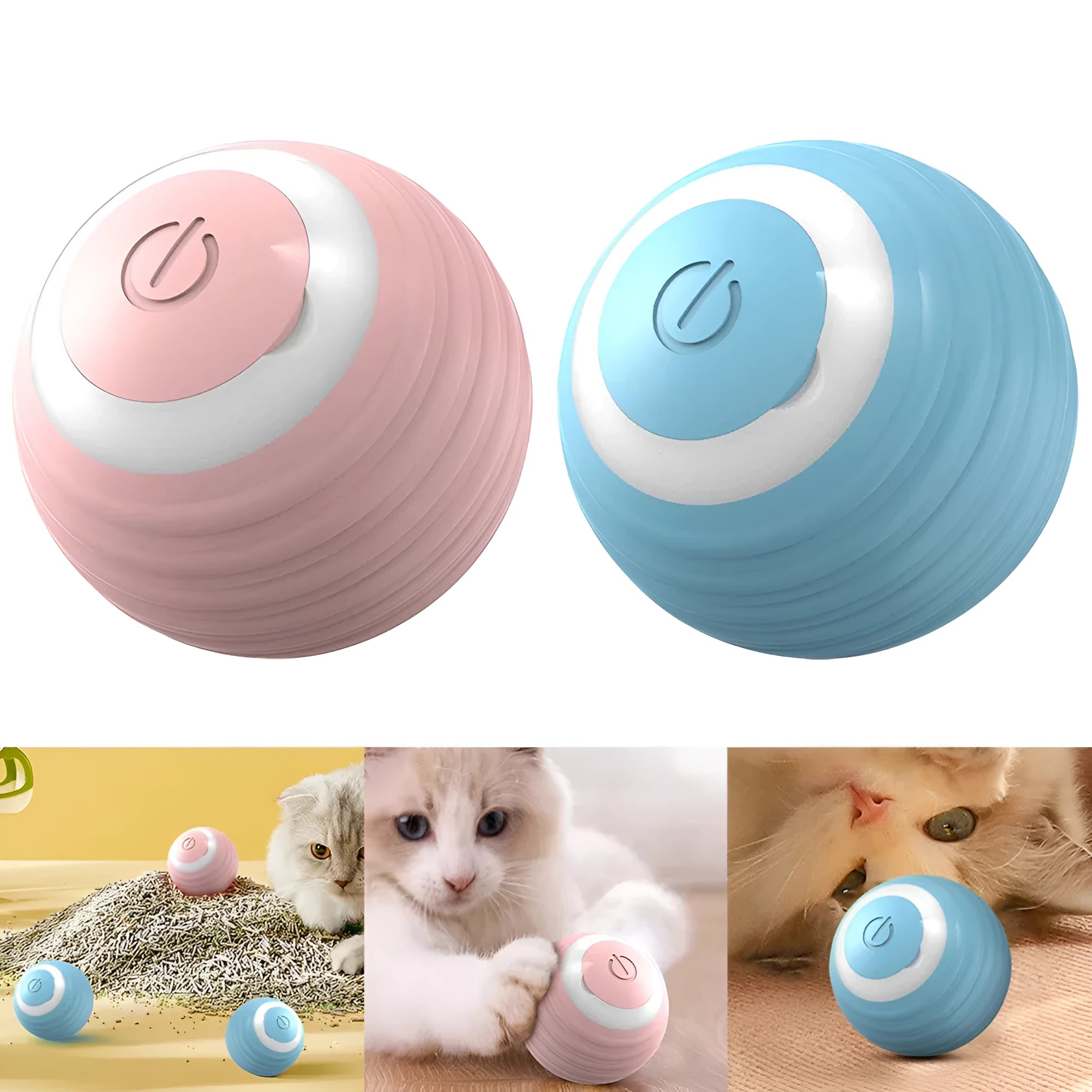 Blue automatic moving cat toy ball on floor with charging cable