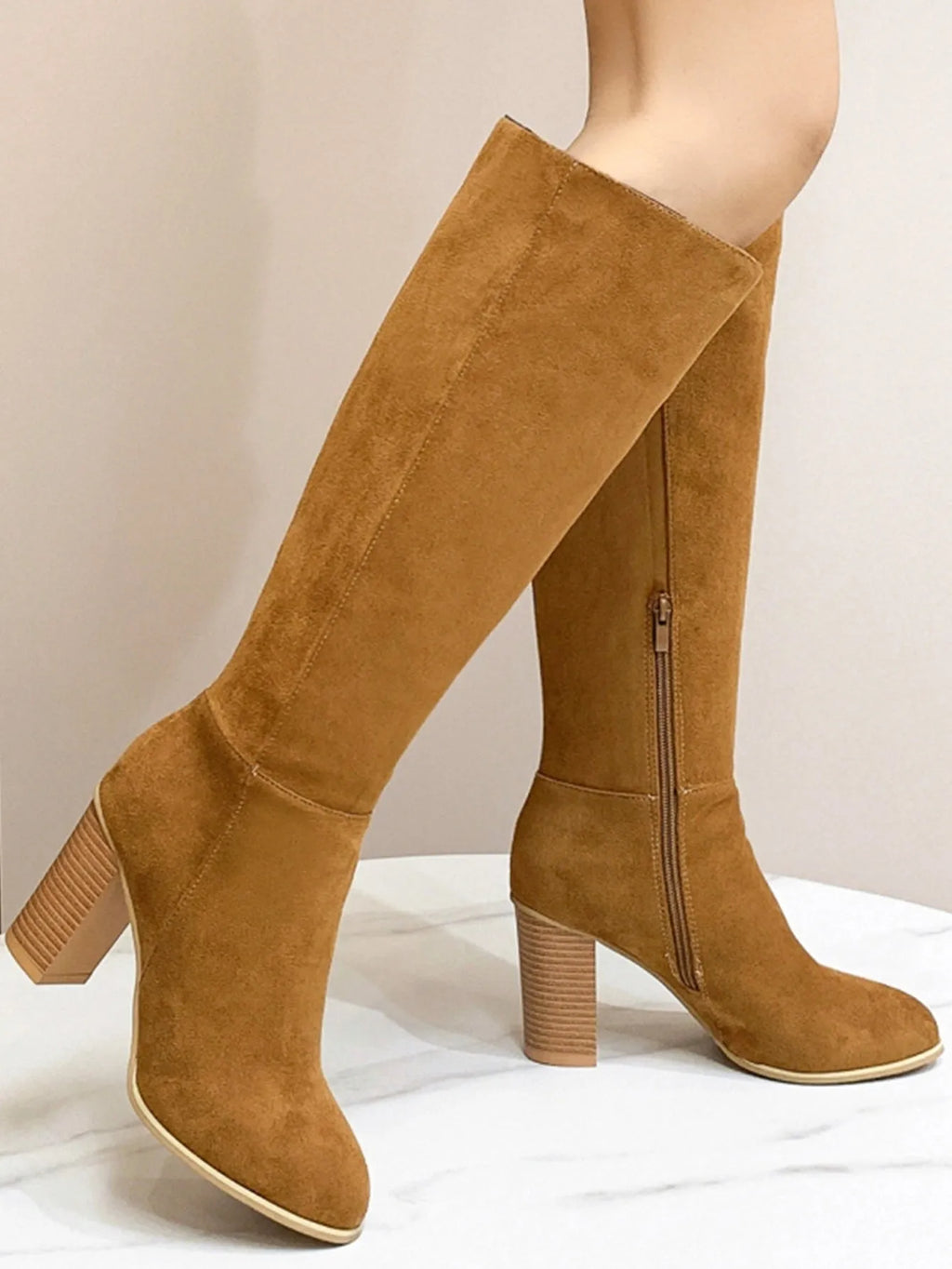Women's black square toe high heel fashion boots made from artificial PU leather
