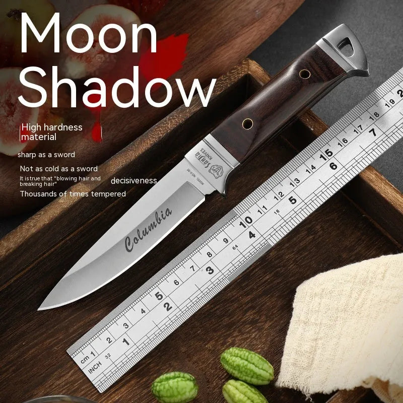 Camping multifunctional portable fruit knife with stainless steel blade and leather case